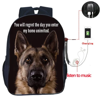 

High Quality Animal German Shepherd USB Charge Backpack Dog Bulldog Horse knapsack Fashion Bags Beautiful Teens School Bag
