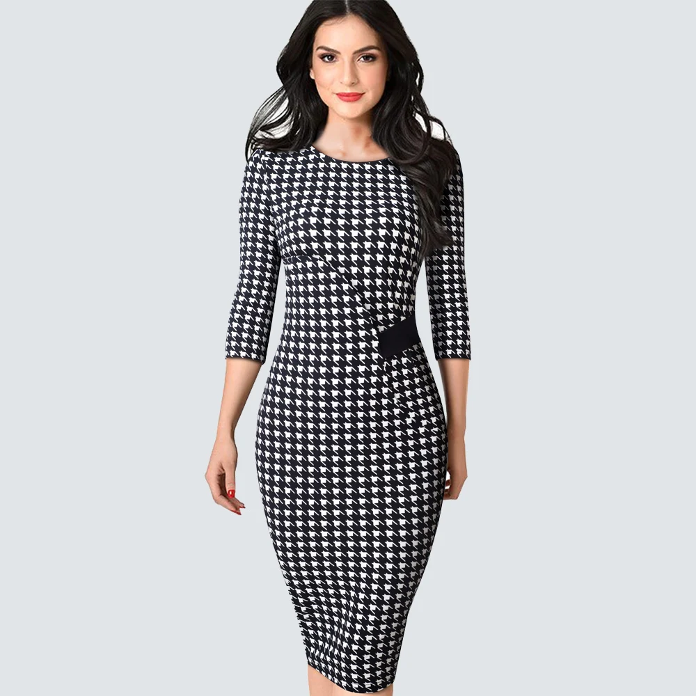 Women Elegant Houndstooth office lady Dress Casual Fitted sheath bodycon Pencil Dress EB543