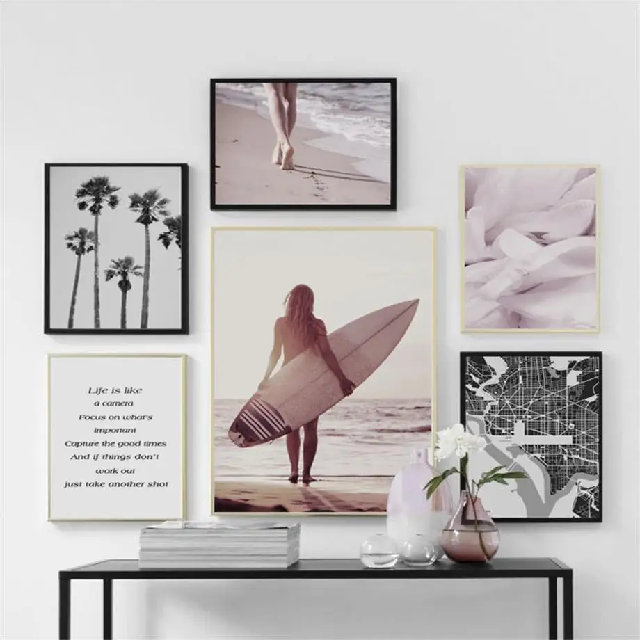 

Girl Surf Sea Coconut Map Quote Landscape Wall Art Canvas Painting Nordic Posters And Prints Wall Pictures For Living Room Decor