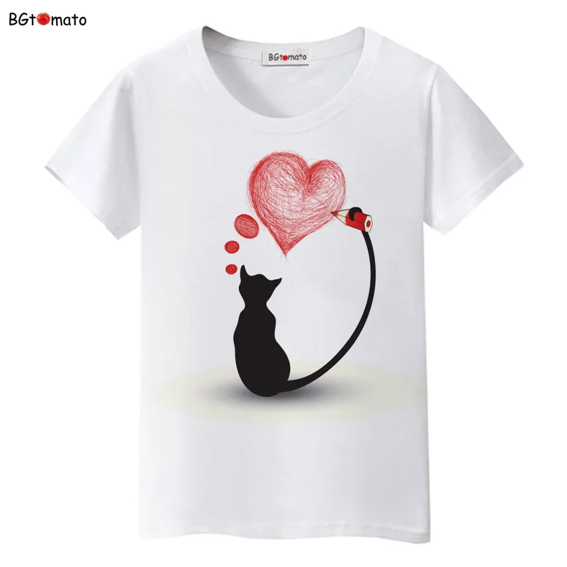 

BGtomato Black cat pink love t-shirt women love story Literature and art shirts Good quality brand clothes casual tops