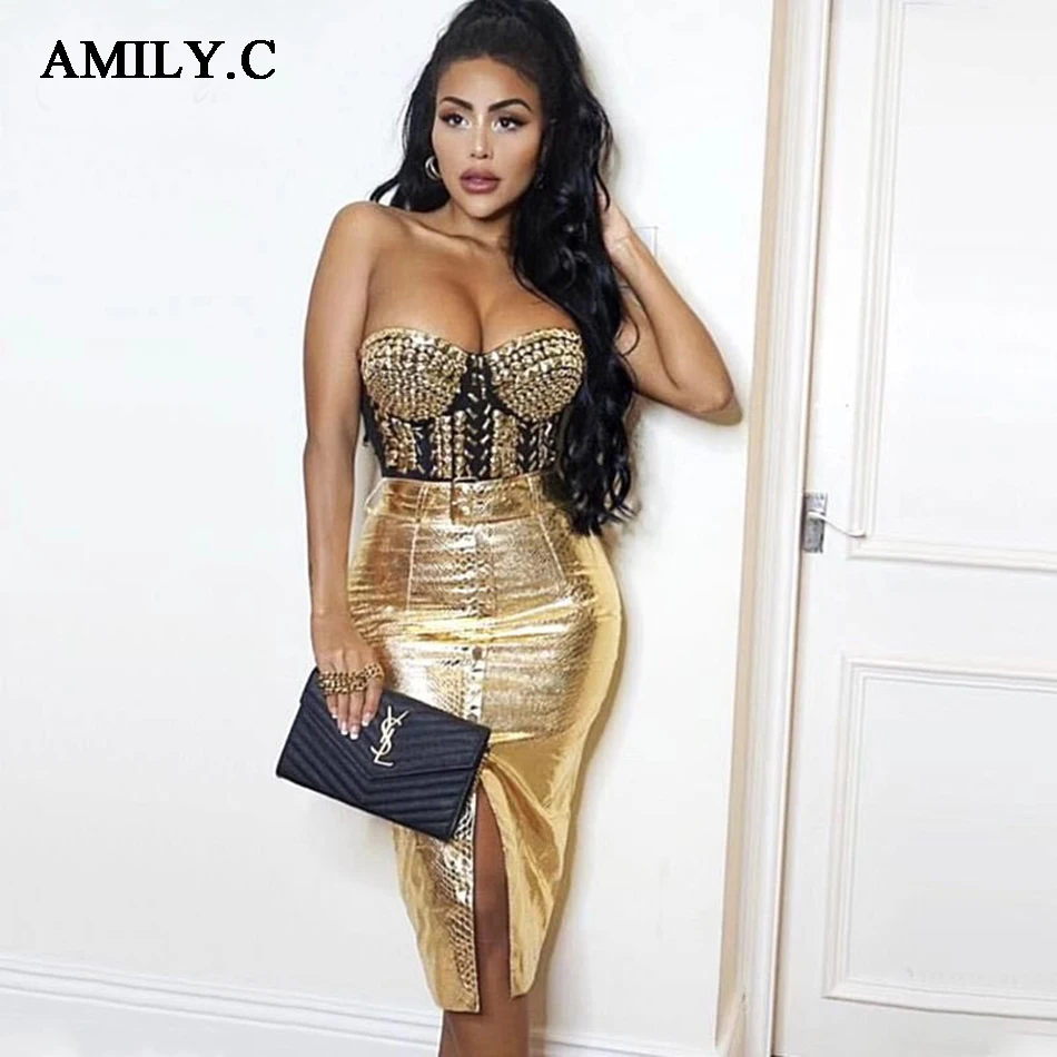 

Amily.c New luxury sexy strapless beaded 2 piece two-piece women's summer dress 2019 celebrity designer fashion dress Vestido