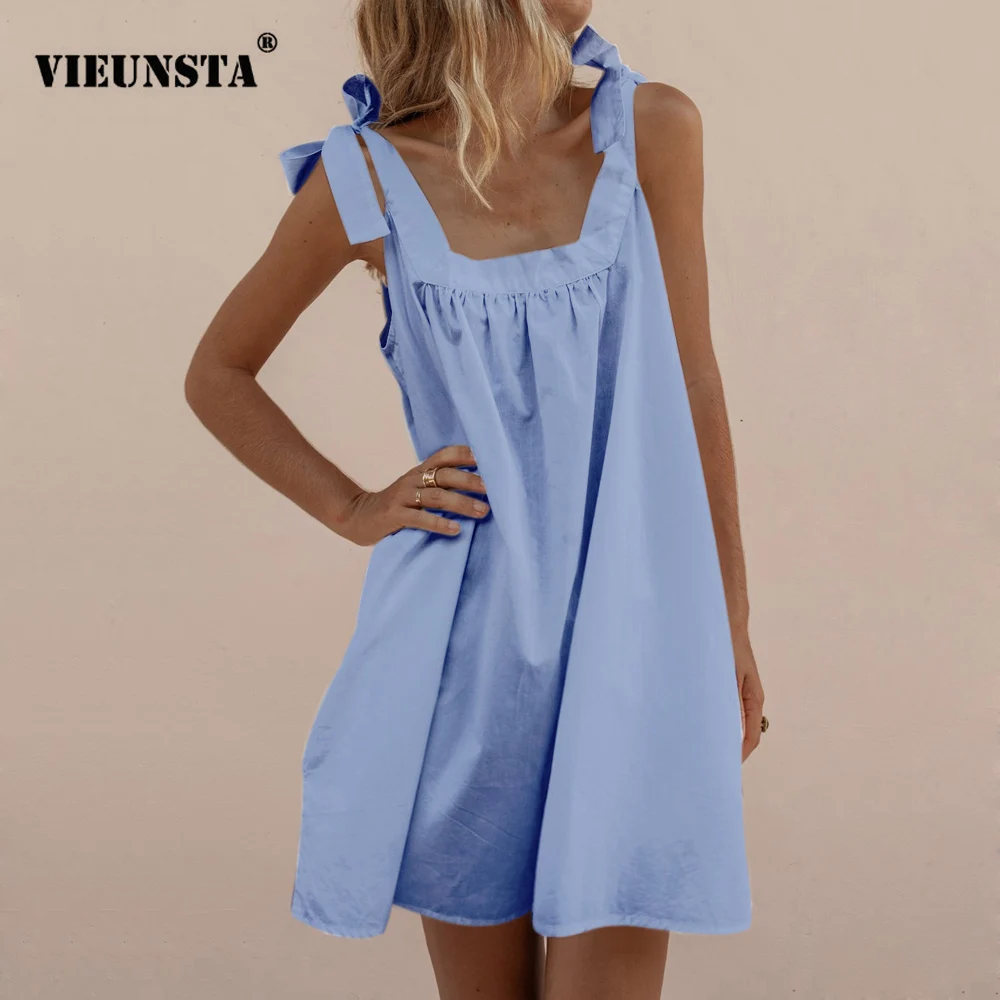 

VIEUNSTA 2019 Off Shoulder Backless Sexy Sundress Summer Lace-Up Sleeveless Mini Dress Women Slash Neck Solid A-Line Party Dress