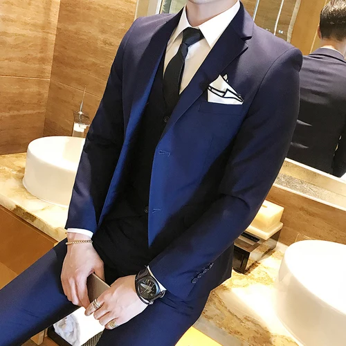 Куртка+ брюки+ жилет) мужской однотонный приталенный костюм из 3 предметов модный бутик мужской свадебный деловой мужской деловой костюм - Цвет: Navy blue