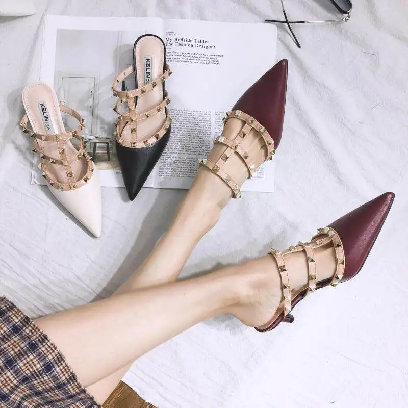 

Rivet Slippers Women Mules High Quality Sexy Ladies Slides Pointed Toe Shoes Women Fashion Designer Flat Slippers Spring 2019