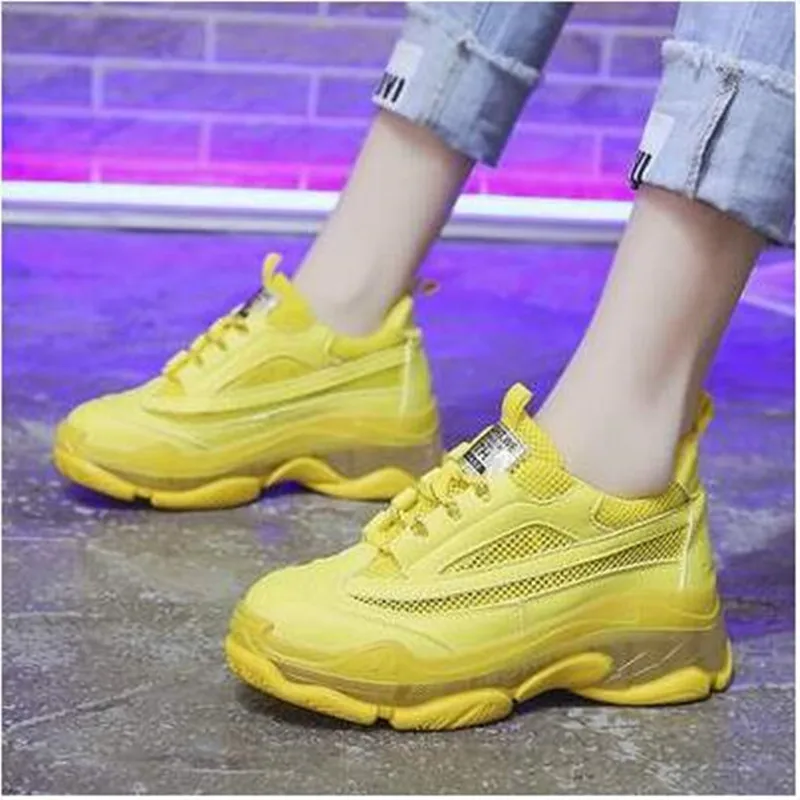 

2019 Fashion Breathable Mesh Women Sneakers Yellow Green Women Shoes Thick Bottom Chunky Platform Trainers Basket Femme