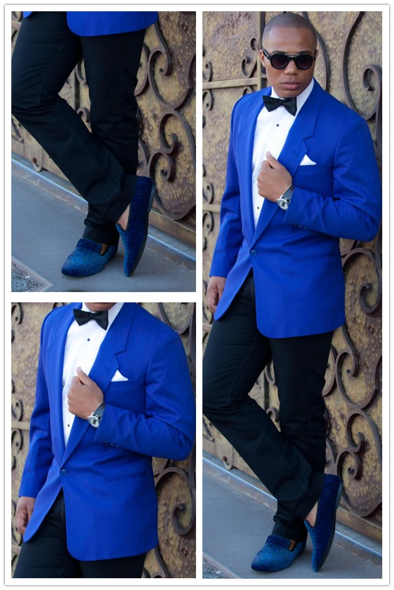 2016 Custom Made Blue Blazer Black Pants 2 Pieces Mens Wedding Prom Suits Slim Fit Groom Tuxedos