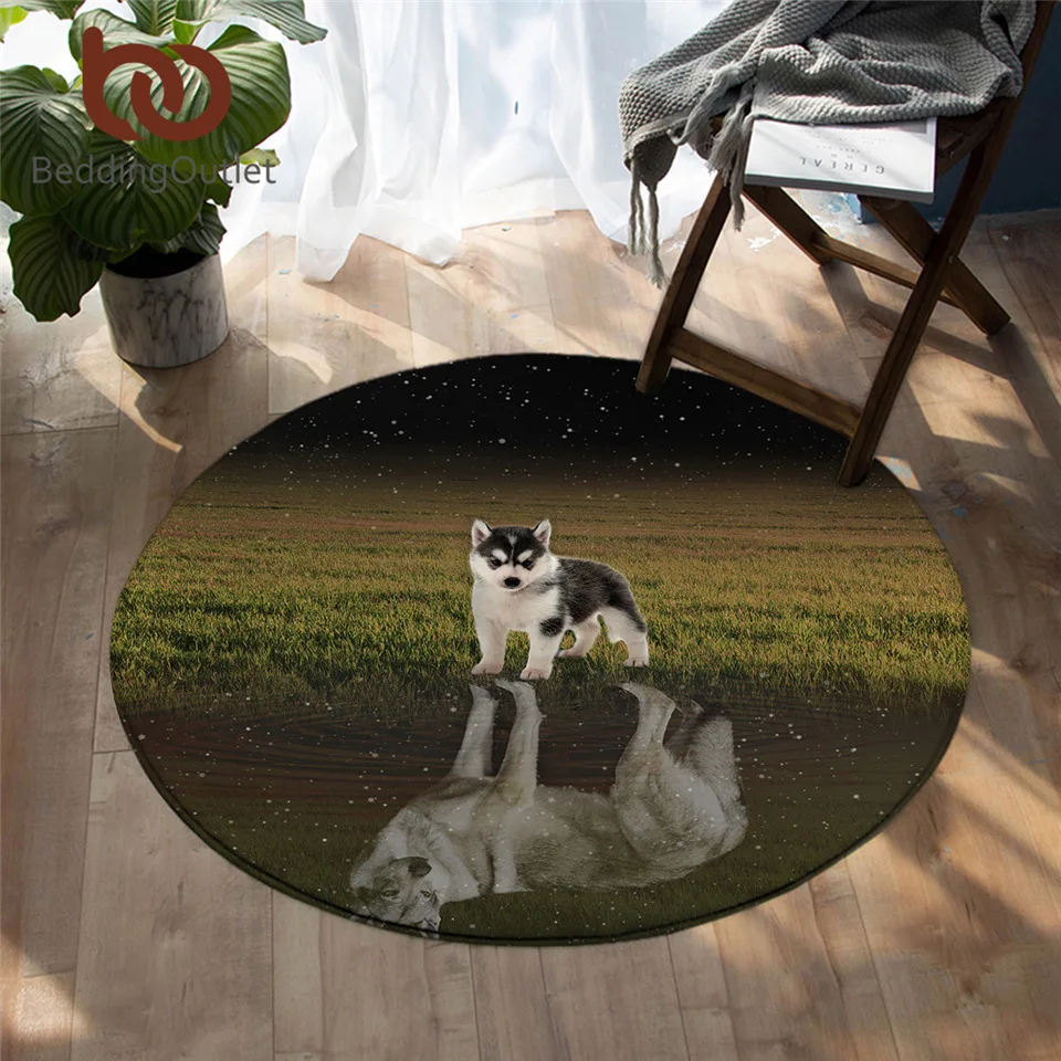 

BeddingOutlet Husky Round Carpet Wolf Reflection Area Rugs 3D Print Non-slip Floor Mat Puppy Dog Grassland tapetes Dropship