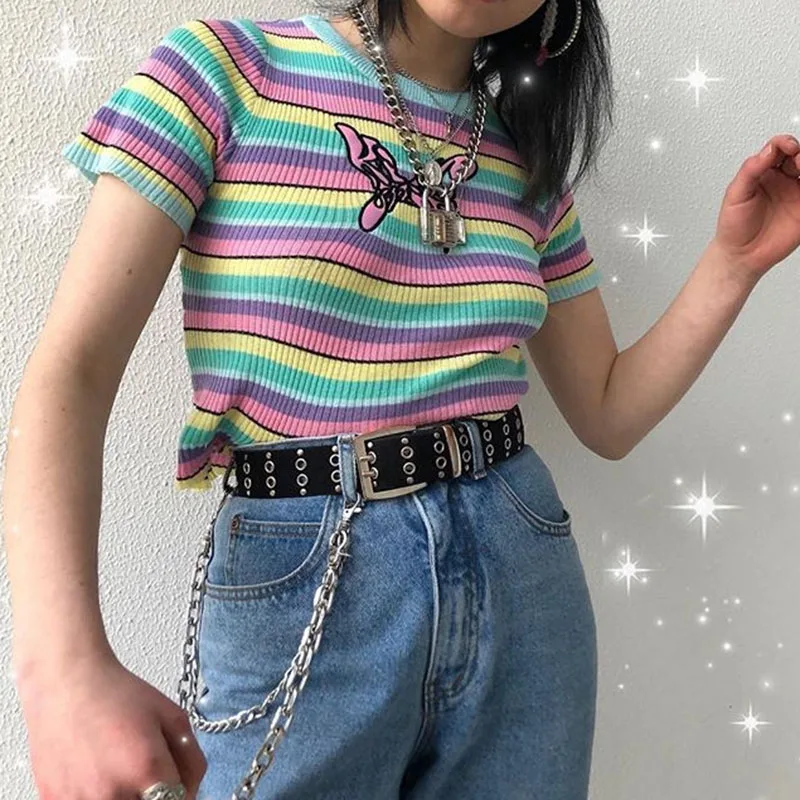 

2019 Summer New butterfly embroidery knit short sleeve women t-shirt female O-neck rainbow stripes tee-shirt free