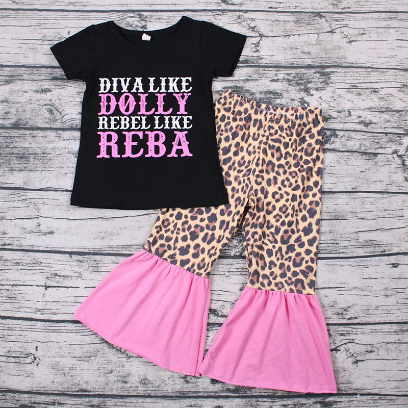 

Newly wholesale letter leopard girl t-shirt and short baby clothes sets cotton ropa nino children clothing outfits