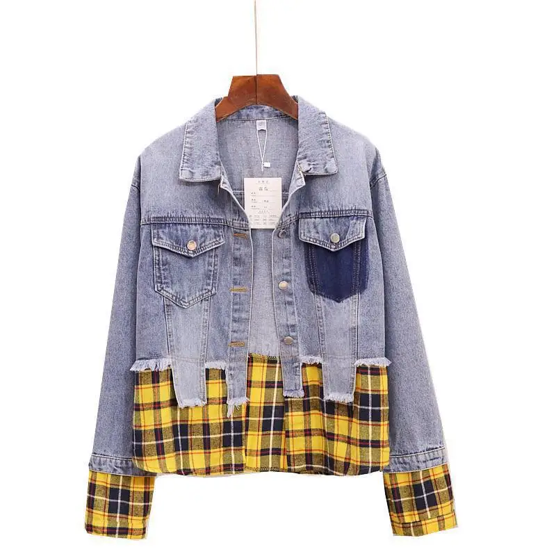 

Autumn New Denim Jacket Women Personality Stitching Lattice Harajuku Clothing Hip Hop Style Jacket Slim Thin Female Top Cardigan