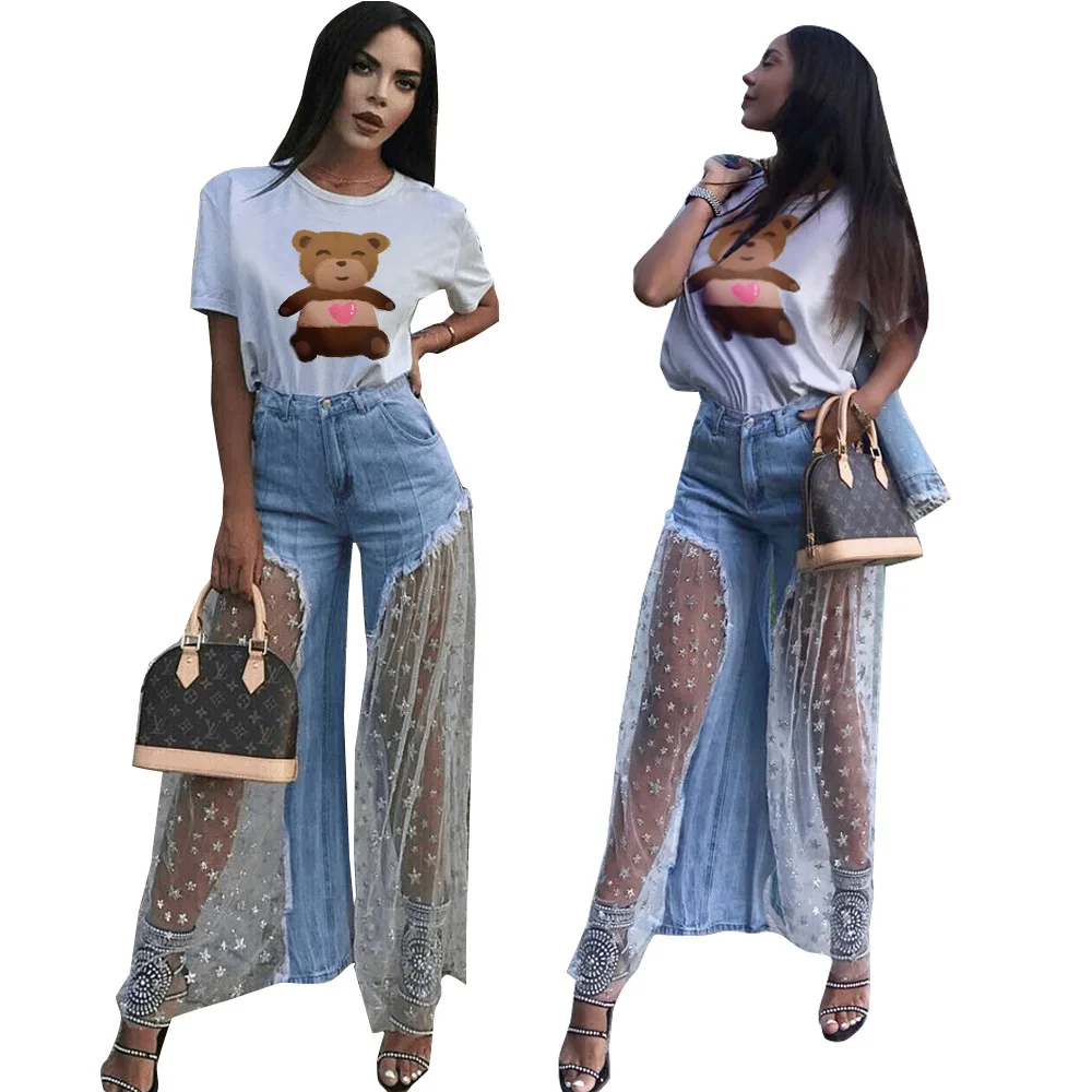 

Europe and the United States new trousers personality stitching stars mesh stitching raw cowboy perspective wide leg pants