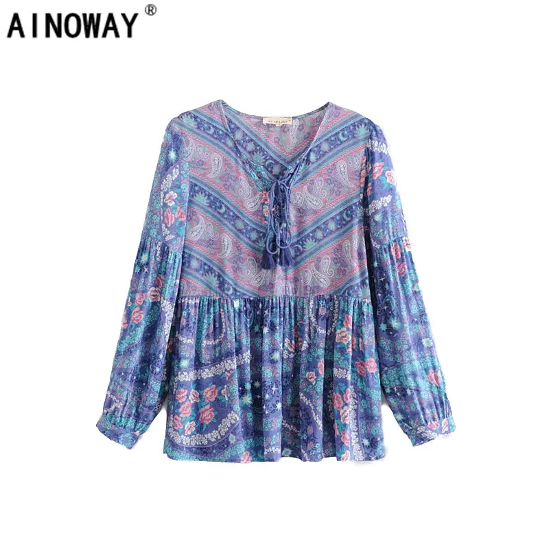 

Vintage chic women bohemian shirt cute rayon beach green floral print blouse shirt flare sleeve loose Boho shirts blusa