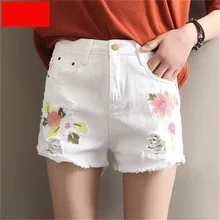 Лето и utumn высокая Талия Вышивка Цветы Hot джинсовые шорты женские белый синий и черный короткие джинсовые шорты плюс размер