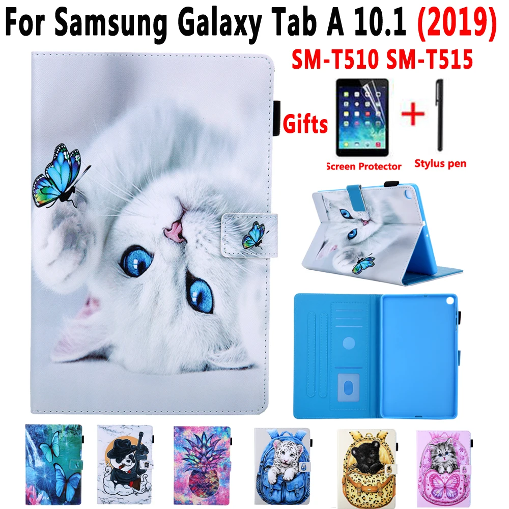 Cover Case for Samsung Galaxy Tab A 10.1 SM-T510 SM-T515 T510 T515 Painted Cat Stand Soft Shockproof Tablet Shell+Film+Pen