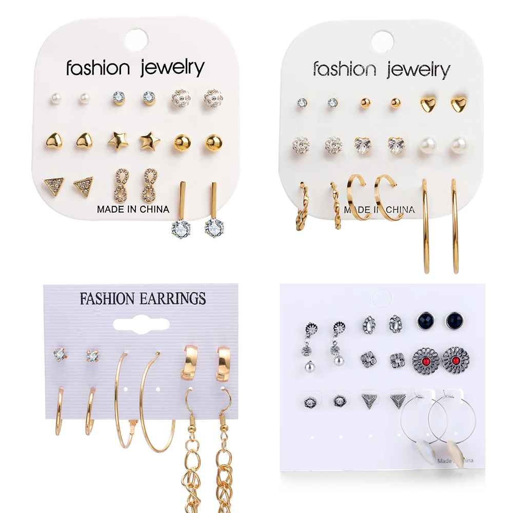 

New Fashion Design Crystal Beads Stud Earrings Set For Women Geometric Flower Shell Earring Statement Female Party Jewelry Gifts