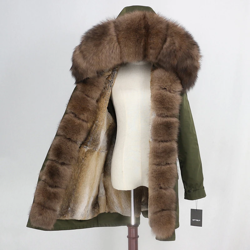 OFTBUY, пальто из натурального меха, зимняя куртка, Женская водонепроницаемая длинная парка, натуральный Лисий мех, воротник, капюшон, мех кролика, подкладка, верхняя одежда, съемная - Цвет: green dark brown