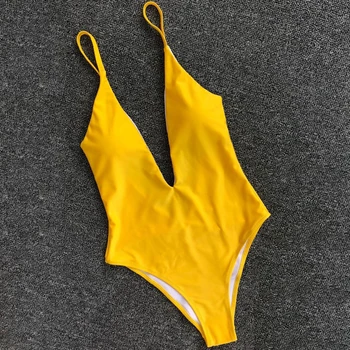 

Yellow Swimwear One Piece Swimsuit Women Deep V Bodysuit Push Up Swimming Suit Solid Monokini Halter Bathing Suit Swim Suit 2019