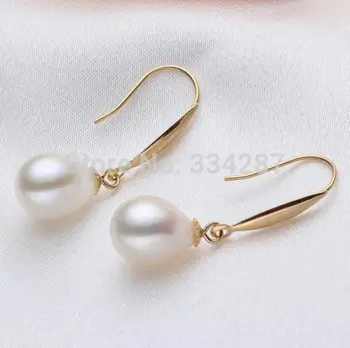 

Noble 9-10mm white Oval AAA+ pearl Dangle earrings 100% 18K Yellow Gold