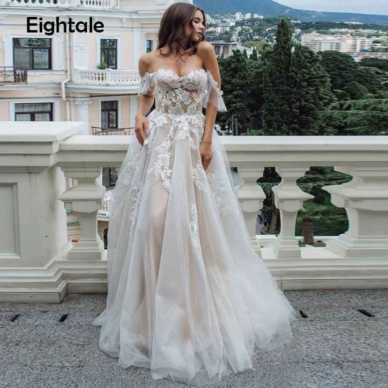 

Eightale Boho Wedding Dress Appliques Tulle Sweetheart Floor-length Lace A-line Off The Shoulder Illusion Sexy Bridal Gowns