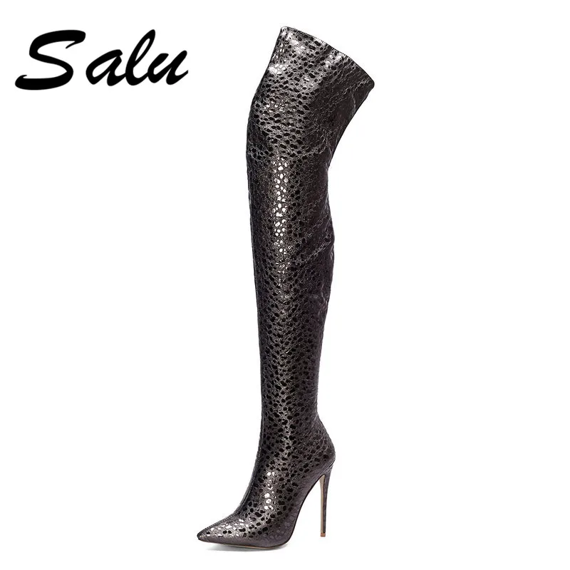 

Salu Boots Black Pointed Toe Thin Heels PU+Leather Boots Women Handmade Irregular Top Knee-High Shoes For Autumn