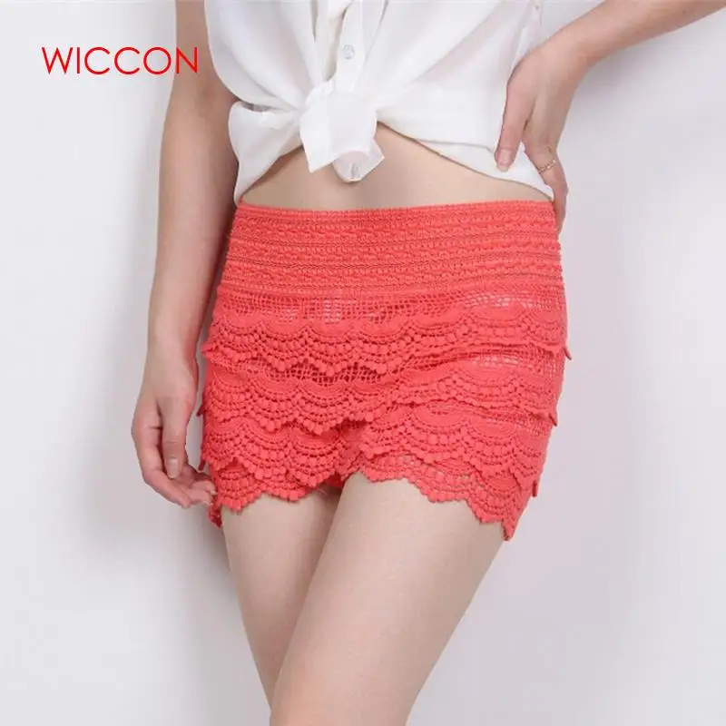 

2019 New Women Summer Shorts Fashion Cotton Crochet Mercerized Lining Mini Lace Tiered Solid Shorts Hot Selling
