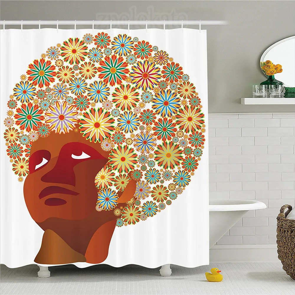 Afro Decor Shower Curtain Floral Head Cuban Man with Bunch of Flowers