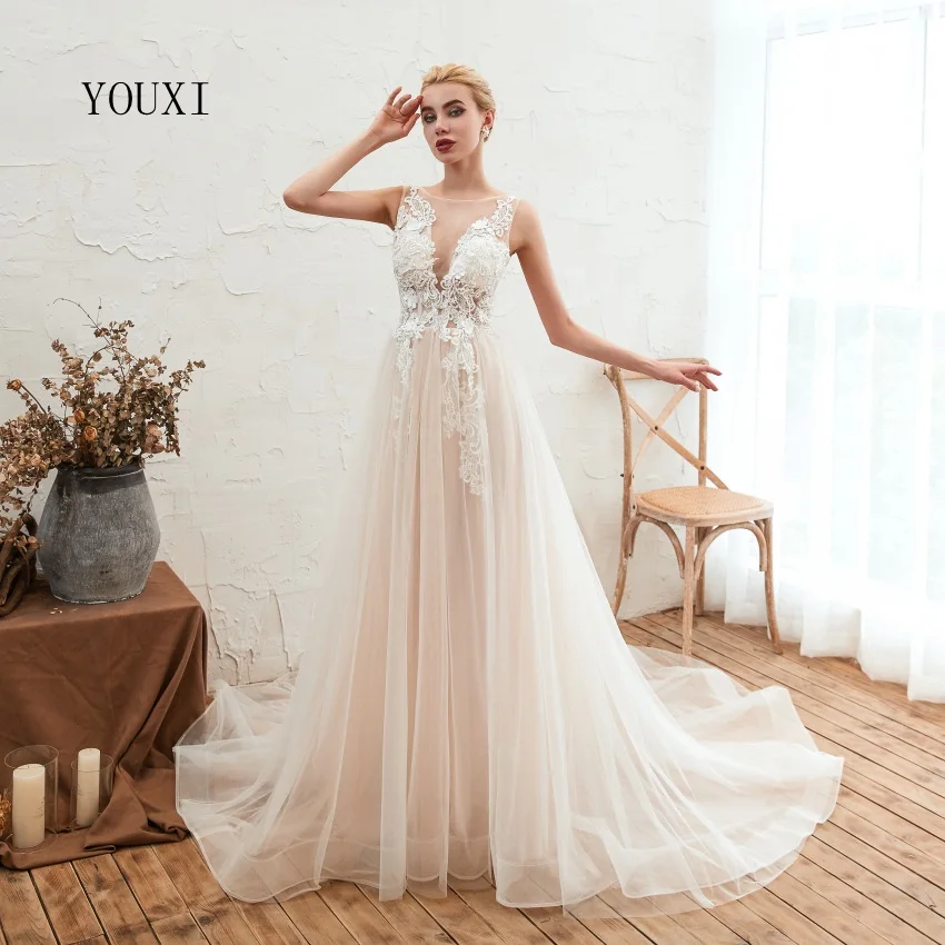 

YOUXI Wedding Dresses 2019 New Arrival Sheer Neck Floral Applique Lace Wedding Gown Luxury Beaded Bridal Dress Boho