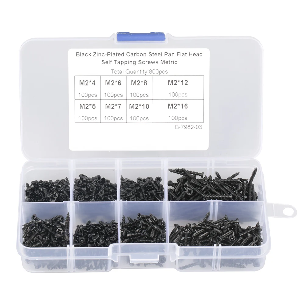 

800pcs/Set M2 Carbon Steel Countersunk Flat Cross Head Self Tapping Screws Set Bolts Fastener Hardware Woodworking Tool Black