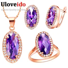 Uloveido mujeres rhinestones nupcial conjunto de alta calidad 2016 red circón establece anillo de plata pendientes collar parure bijoux femme t163