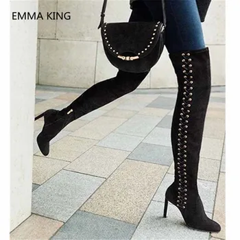 

Sexy Women Suede High Heel Over The Knee Boots Winter Side Cross-tied Zipper Black Thigh High Long Boots Fashion Ladies Shoes