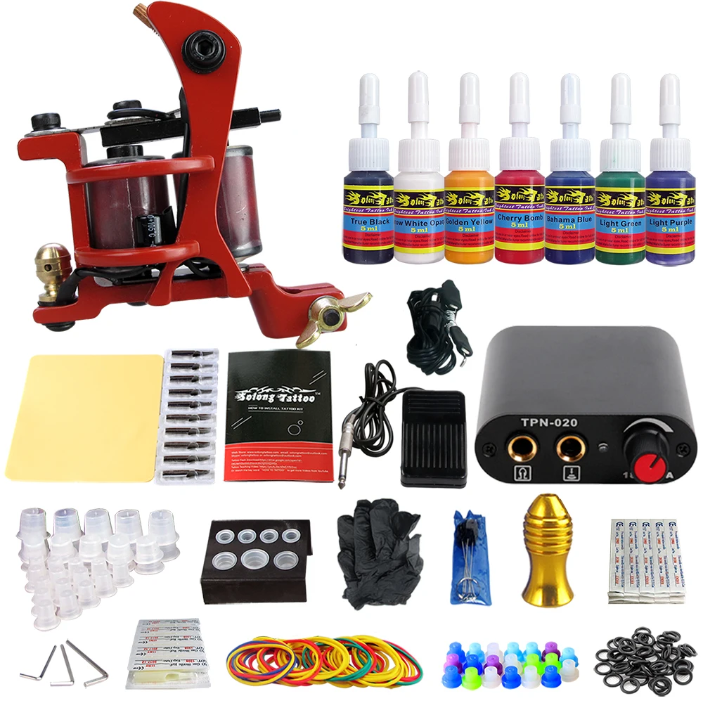 

Solong Tattoo Machine Kit Complete Set Aluminium Grip Power Supply Foot Padel Switch Cartridge Needles TK105-66