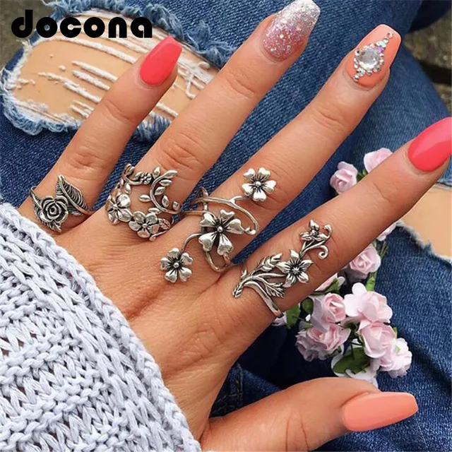 Docona Dell'annata Del Fiore della Rosa Anelli Set per Le Donne Della Ragazza De Docona Dell'annata Del Fiore della Rosa Anelli Set per Le Donne Della Ragazza De