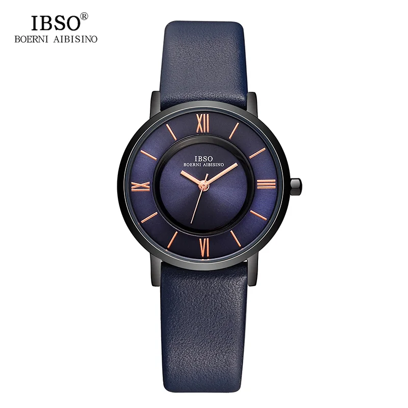 IBSO 7 MM Ultra-Thin Women Watches 2017 Genuine Leather Strap Fashion Blue Quartz Watch Women Luxury Ladies Watch Montre Femme
