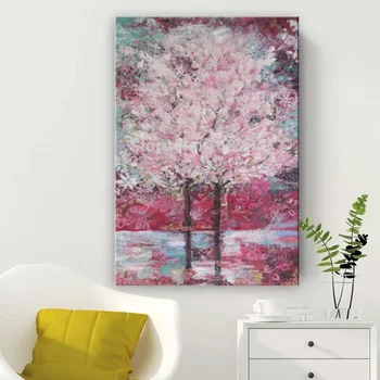 

Handmade thick knife high quality Modern Abstract Fine Artwork Canvas Decor Pink tree Sakura Tree Bedroom artwork Wall Oil