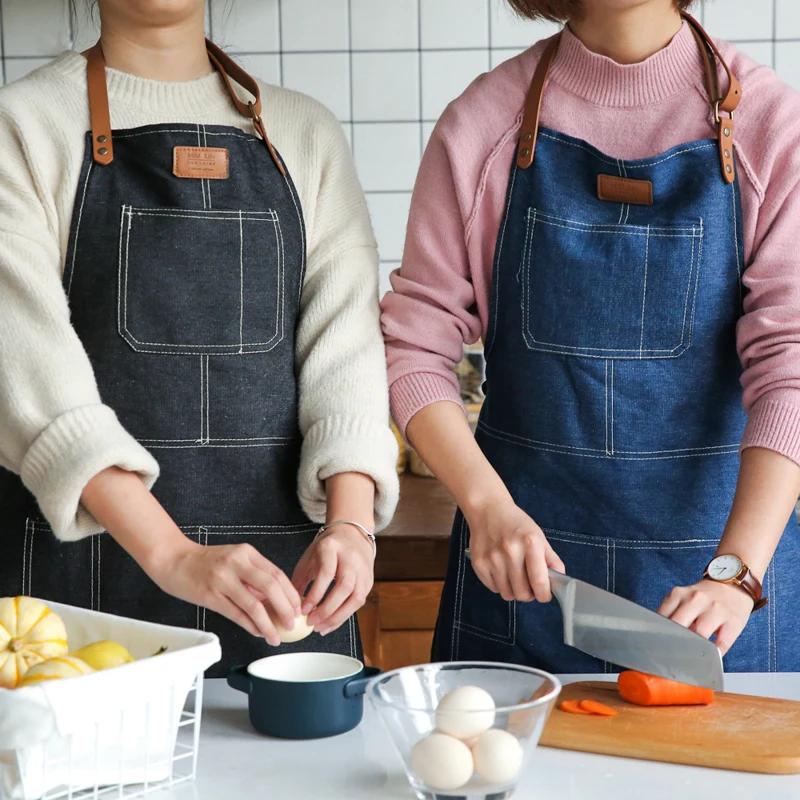 Hot Japanese style Denim Apron for Chef Kitchen Cooking BBQ Kitchen Apron For Woman man Adjustable Pocket Chef Works bib smock
