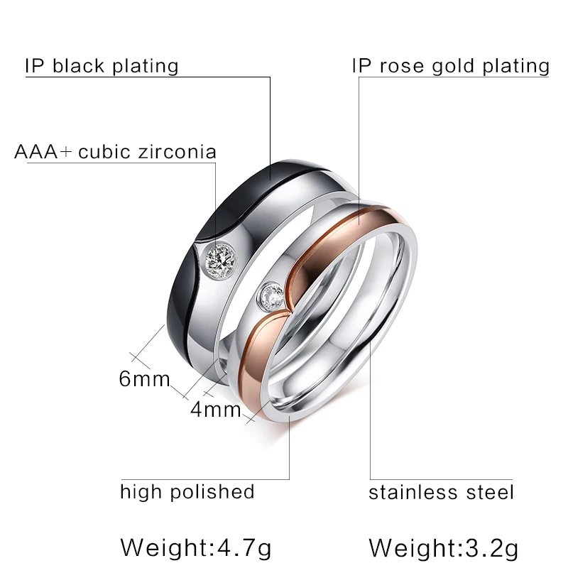 Couple Ring Quality Stainless Steel Ring with Gun Black/ Rose Gold Color for Men and Women Wedding Band Love Ring