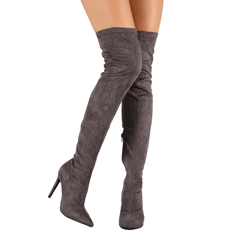 Women Boots Stretchy Suede Warm Winter Thigh High Long Boot Ladies Heels Pointed Toe Over The Knee Big Size 4-13 TIMETANG