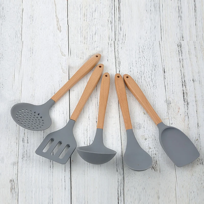 Beech Handle Non-stick Scoop Spatula Silicone Cooking Tool Sets Kitchen Utensils High Temperature Resistant Cooking Tools Gray Beech Handle Non-stick Scoop Spatula Silicone Cooking Tool Sets Kitchen Utensils High Temperature Resistant Cooking Tools Gray