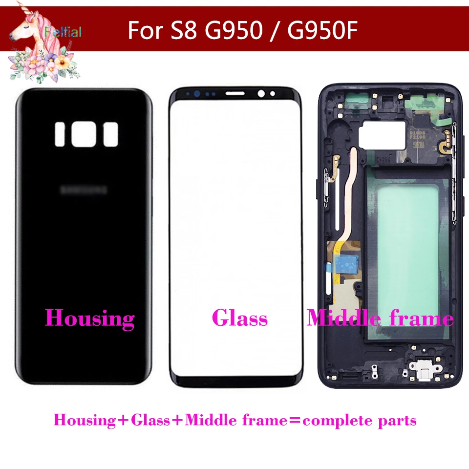 

For Samsung Galaxy S8 G950 G950F S8 Battery Housing Case Back Cover + Front Screen Glass + Middle Frame Complete Parts