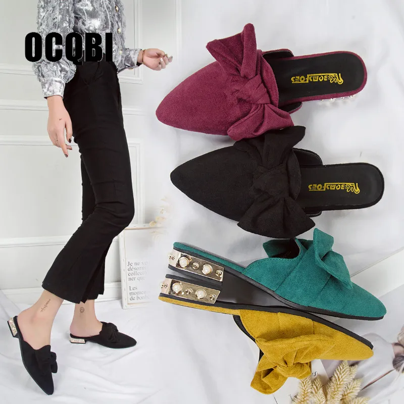 

2019 Summer New Fashion Women Slippers Bowknot Crystal Beads Sandals Flats Women Shoes Point Toe Casual Spring Slipper