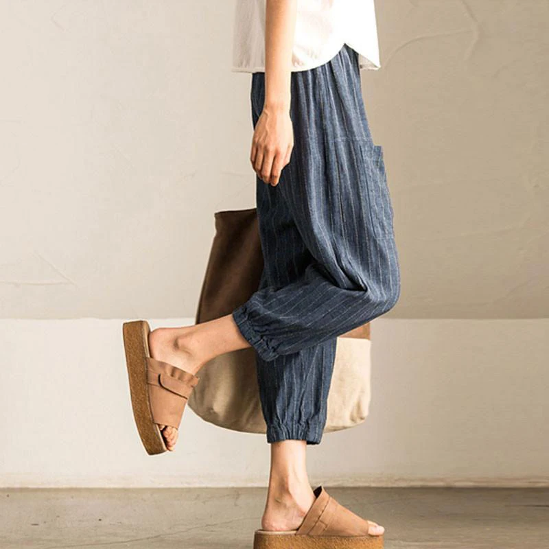 Women Oversized Casual Harem Pants Trousers Pant Striped Cotton Linen Plus Size Office Lady Vintage Elegant 5XL Elastic Waist | Женская