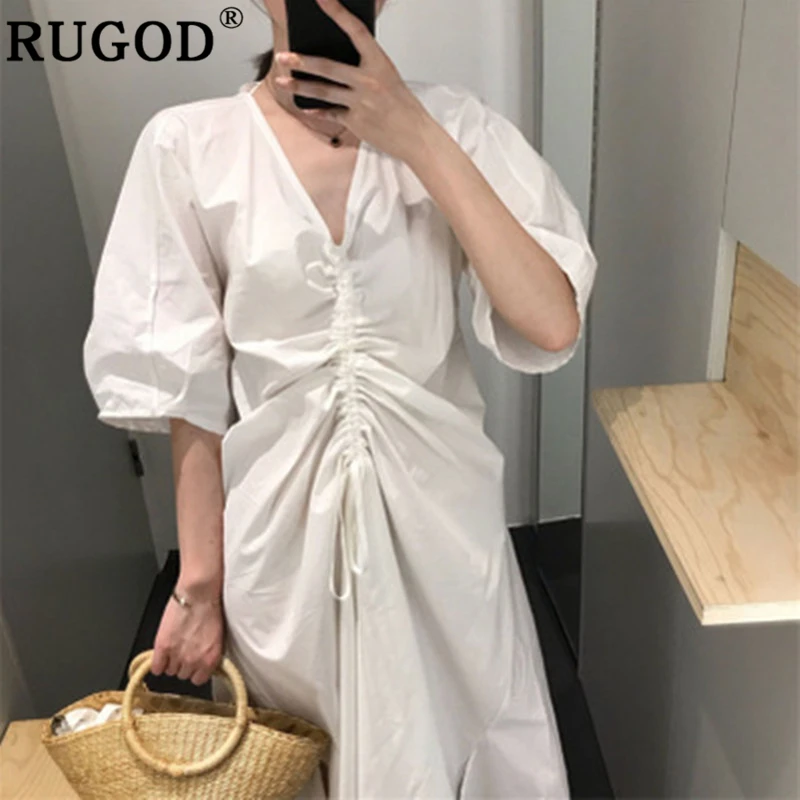 

RUGOD Deep v neck women dress elegant solid middle pleated maxi dress casual loose summer dress modis vestido verano 2019
