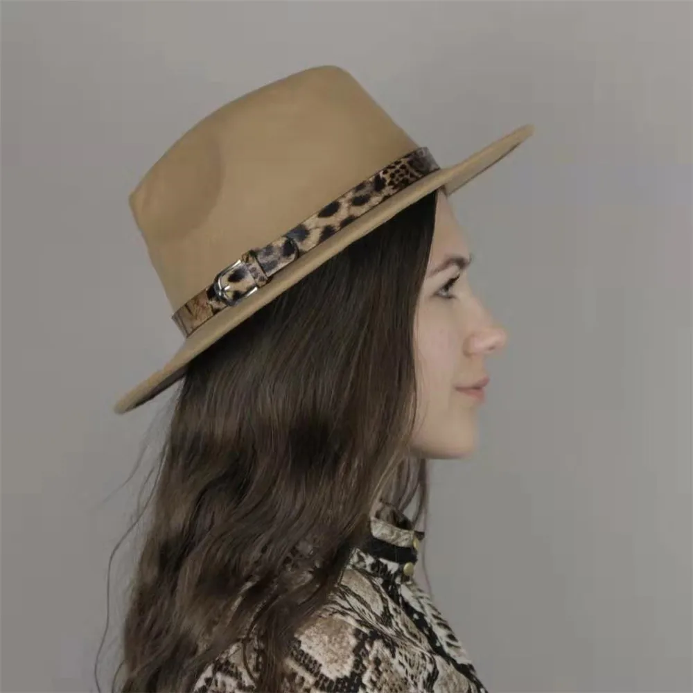 LUCKYLIANJI Leopard Leather Band Solid Color Men Women Wide Brim Wool Войлок Панама Шляпа Fedora шапки (регулировка