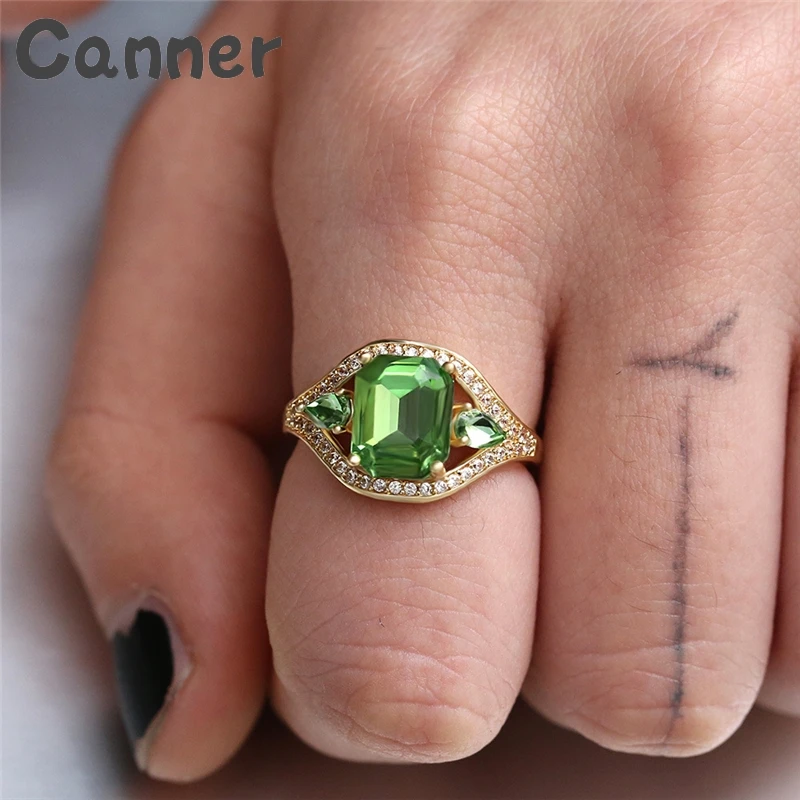 

Canner Hot Gold Color Square Green Stone Rings Large Rhinestone Crystal Wedding Rings For Woman Gifts Jewelry Gifts A40