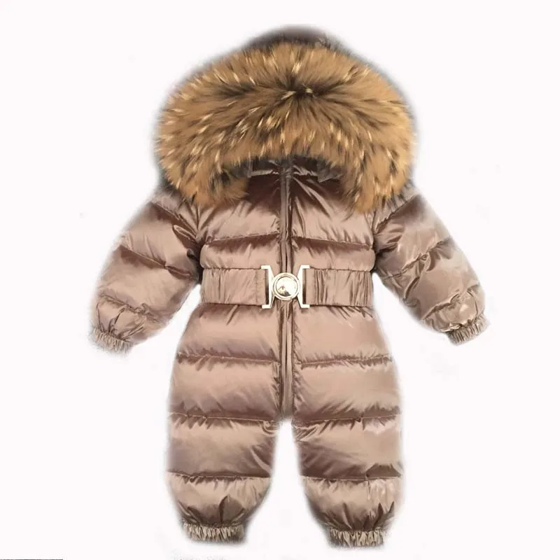 

1~5 Years Russian Newborn Baby Girls Winter Raccon Real Fur Down Romper Boys Infant Onesie Bebe Snowsuit Skisuit Kids Catsuit