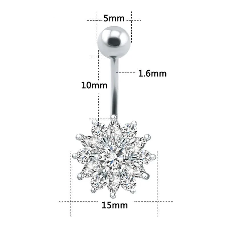 316l хирургическая сталь Кристалл Циркон Серебряный цветок Форма пупка кольца пупка пирсинг для унисекс ювелирные изделия 14 г - Окраска металла: Steel - 15mm