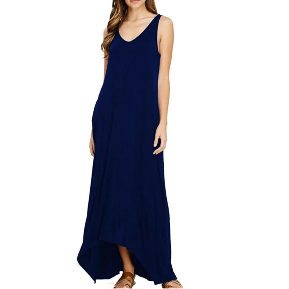 

Summer Dress 2019 Sleeve Casual 2019 Womens Off Shoulder Cocktail Party Beach Pure Color Pocket Vest Long Dress robe #N05
