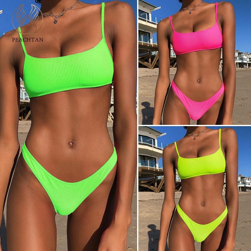 

Peachtan Ribbed bikini set Neon biquinis Feminino 2019 swimwear Women bathers Woman swimsuit Female Thong bandeau bathing suit