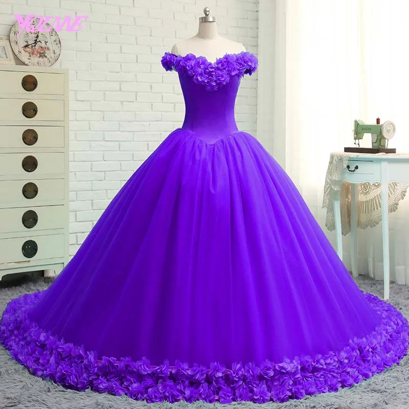 YQLNNE красное свадебное платье с открытыми плечами Свадебные платья 3D Цветы бальное платье Тюль на шнуровке Vestido De Noiva - Цвет: Фиолетовый