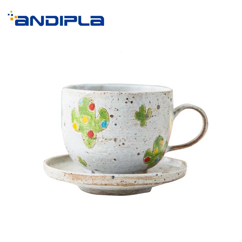 200ml Brief Coffee Cup with Saucer Kit Ceramic Pottery Drinkware Pull Flower Espresso Cups Master Breakfast Milk Hand Grip Mug | Дом и сад